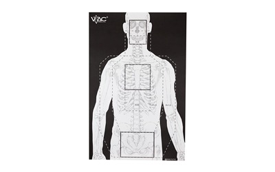 Action Target VTAC-P, Viking Tactics Double Sided Advanced Training Target, Marksmanship Side Has 4 SR-1C Bulls-Eye Target w/1" Square Sighting Grid, Silhouette Side w/Visible Skeleton, Black/White, 23"x35", 100 Per Box VTAC-P-100